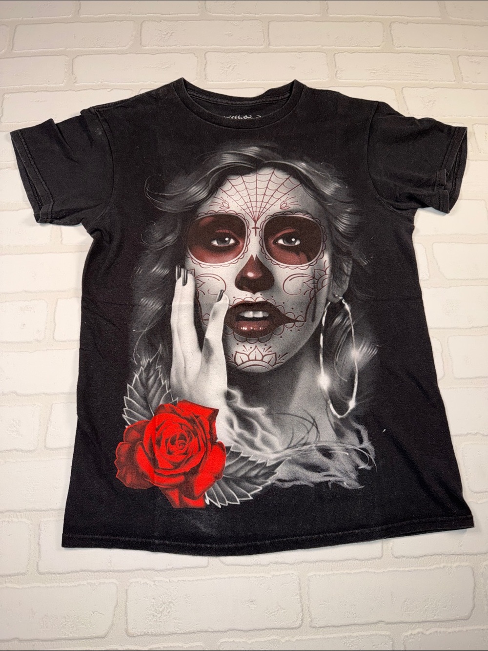 Fifth Sun Black Tee with Red Rose Sugar Skull Graphic